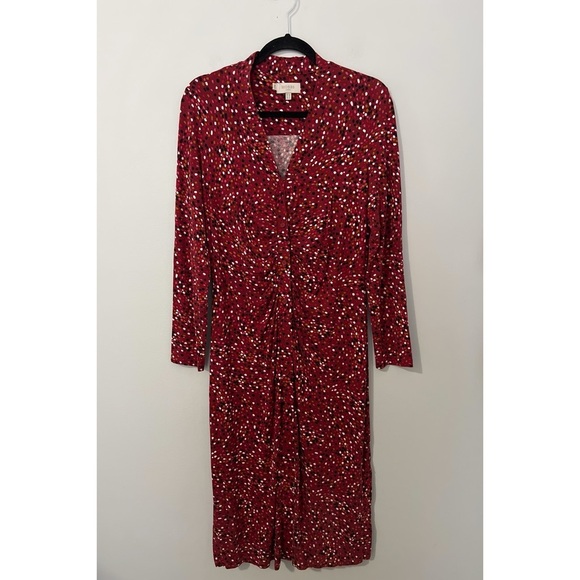 Hobbs London Hatty Jersey Dress Women’s 10 Red Multi Long Sleeve Button Ruched - Picture 3 of 16